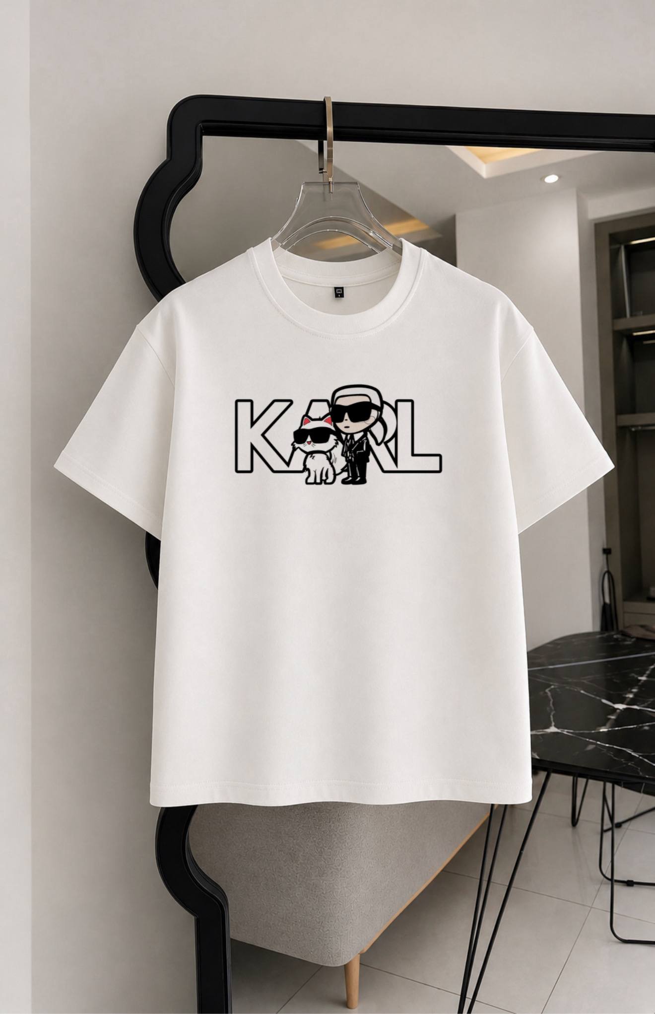 تیشرت کارل سفید و‌ مشکی دو نخ پنبه سایز S تا 4XL